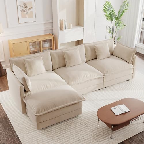 mikibama Modular Sectional Sofa, 111.5 Inch L Shaped Couch Set for Living Room, 3-Seater Comfy Cloud Couches with Movable Ottoman, DIY Combination, Chenille, Light Coffee