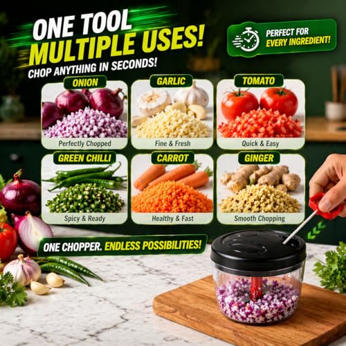 Image of Manual Pull String Vegetable Chopper for Kitchen | Strong Rope Onion Cutter, Garlic & Veg Cutter | Durable Hand Pull Food Chopper with Stainless Steel Blades