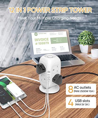 【5M】VANPOO Tower Extension Lead with USB 5M, Vertical Desktop Power Strip Tower with 8 Outlets and 4 USB Ports, Switched Charge Station and surge protected extension lead with 5M Cable for Home Office - Afbeelding 4