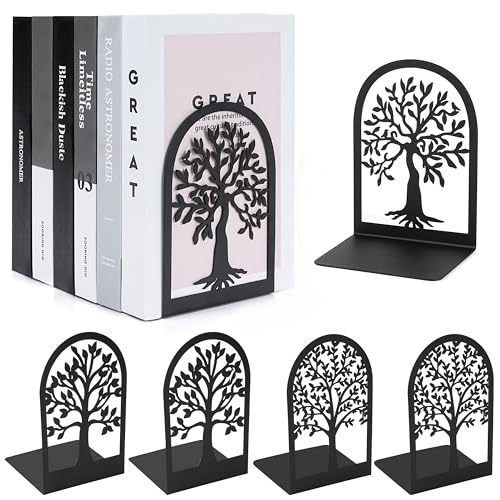 Winter Shore Sujeta libros Negros de Metal Estilo Árbol (Pack de 6) - Soporte Libros Decorativos con Almohadillas Antideslizantes - Hierro Inoxidable - Bordes Seguros - 3 Pares, Diseños Únicos