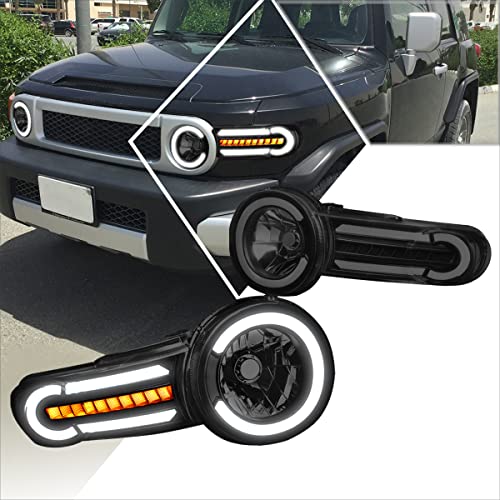 PM PERFORMOTOR LED DRL Sequential Signal Headlights Assembly Compatible with FJ Cruiser 07-14/Clear Corner