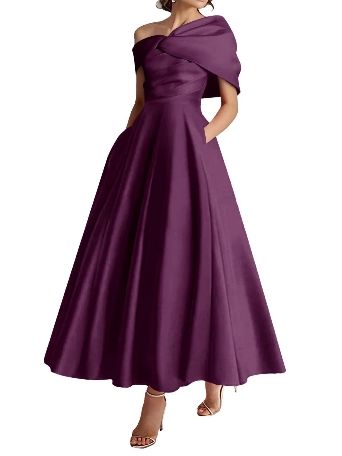 Kiyne Women's Plum Off Shoulder Mother Of Groom Dresses For Wedding Guest Dress Tea Length Satin Mother Of Bride Gown Uk20