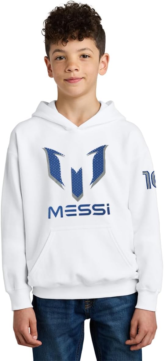 Messi #10 Youth Boys Size Perforated Print Logo Player Number Pullover Fleece Hoodie