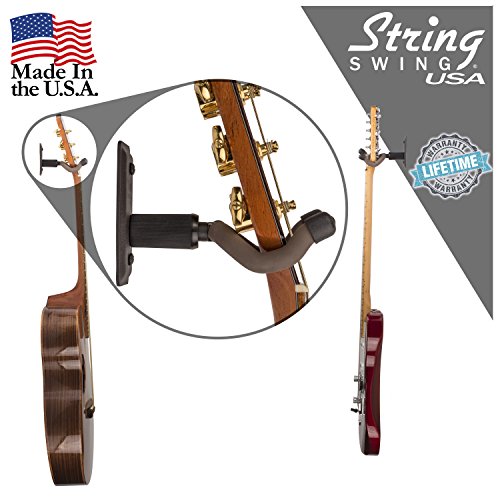 String Swing Guitar Hanger - Holder For Electric Acoustic And Bass Guitars - Stand Accessories Home Or Studio Wall - Musical Instruments Safe Without Hard Cases - Black Heavy Duty Steel Bcc11K 2-Pack #TOP3