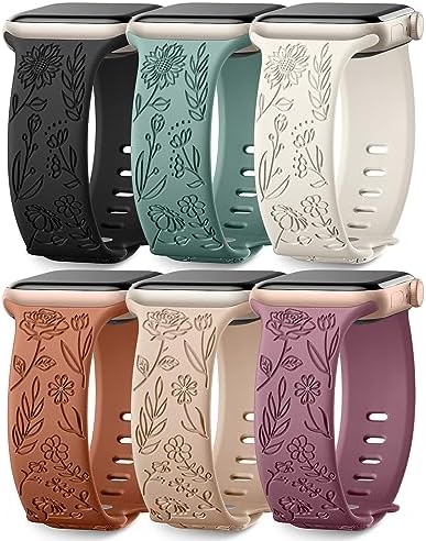 6 Pack Floral Engraved Bands Compatible with Apple Watch Bands 44mm for Women 40mm 41mm 45mm 49mm, Adjustable Comfortable Soft Silicone for iWatch Bands 38mm Womens Series