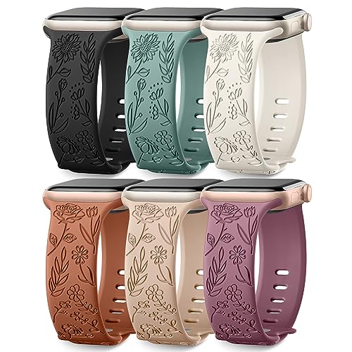 SNBLK 6 Pack Floral Engraved Bands Compatible with Apple Watch Bands 40mm 41mm 42mm 38mm 44mm 45mm 46mm 49mm Women Men, Silicone Flower Pattern Strap for iWatch Series 11 10 Se Ultra 9 8 7 6