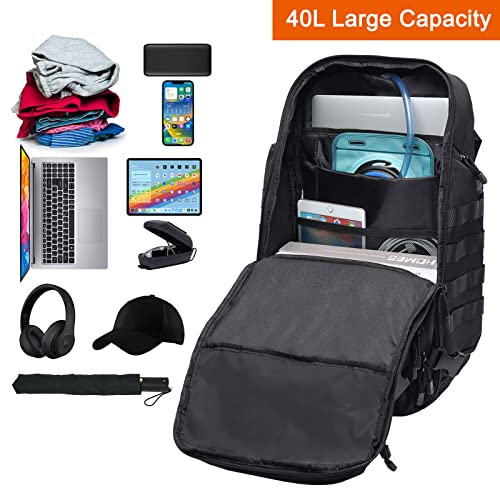 Mosiso 40L Tactical Backpack, Large 3 Day Assault Rucksack Daypack Army Military Bag Pack With 3 Front Horizontal Pockets&Usa Flag For Man Women Outdoor Sports Hiking Fishing Camping Training, Black #TOP1