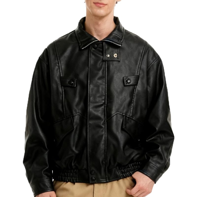 Image of Mens Faux Leather Jacket Full-Zip Stand Collar Outerwear Lightweight Motorcycle Jacket