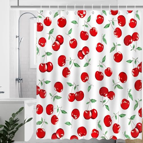 Mocsicka Cherry Shower Curtain Cute Fruit Bathroom Shower Curtain Red Cherry Waterproof Fabric Bathtub Curtain Decor with 12 Hooks 72 X 72 Inches (White)