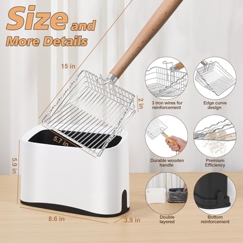 Image of Metal Cat Litter Scoop with Holder, Poop Scooper with Stand and 2 Rolls of Garbage Bags, Heavy Duty Stainless Steel Shovel with Wooden, Quick Sifter for Easy Cleaning