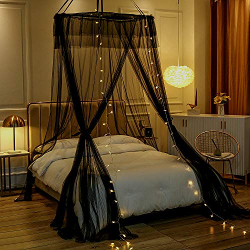 Bed Canopy Mosquito Net Elegant Lace Round Sheer Mesh Bed Curtains Princess Canopy Dome Bedding Net for Twin Full Queen King Size Black Canopy with Lights