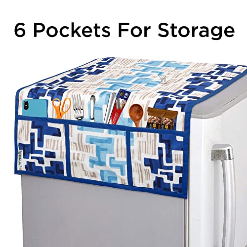 Image of Polyester 3-Layered Fridge Top Cover /Refrigerator Cover with Utility Pockets and Set of 4 Pc Fridge Mats (Color-Blue, Size-39x21 Inch)
