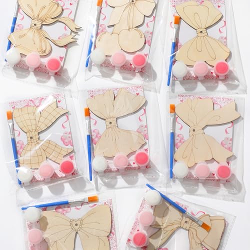 Saypacck 24 Pcs Pink Bow Party Favors Wooden Painting Craft Kits Birthday Party Supplies with Organza Bag for Goodie Bags Fillers Adult Thank You Gifts