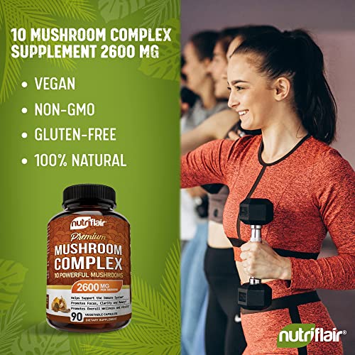 NutriFlair Mushroom Supplement 2600mg, 90 Capsules - 10 Mushrooms Blend - Reishi, Lions Mane, Cordyceps, Chaga, Turkey Tail, Maitake, Shiitake, Oyster Nootropic Complex - Brain, Energy, Focus Pills - Image 6