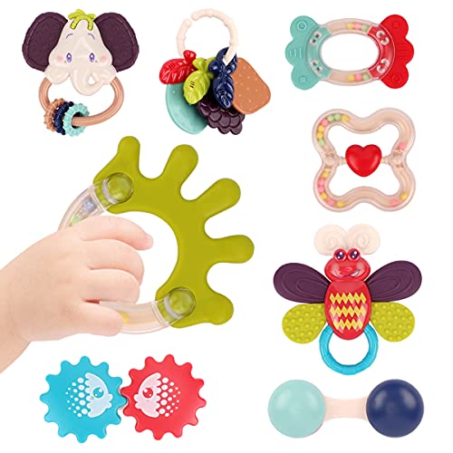 Image of Nueplay 8PCS Baby Rattles Set, Toddlers Chewing Teething Toys Grab Shaker Hand Bells and Spin Rattle Musical Toy Playset Early Educational Shower Gift Toys for Baby Newborn Infant 6-12 Months