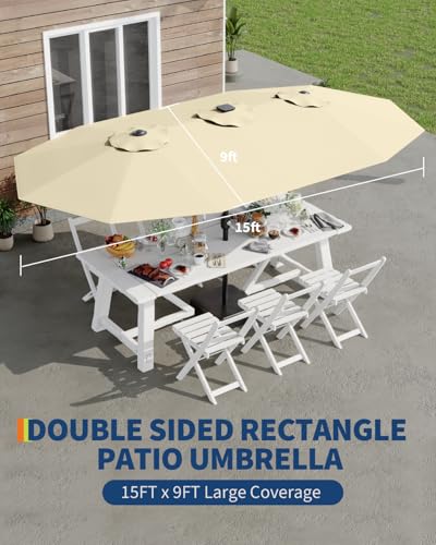 Large Patio Umbrella with Base Included, Double-Sided Rectangle Market Umbrella with Cross Base and Sandbag for Pool Lawn Garden (Beige, 15FT)