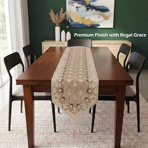 Image of Kuber Industries 72x12 inch Velvet Table Runner for Wedding and Family Dinners | Centre and Dining Table Runner | New Embroidery XL Design - Cream