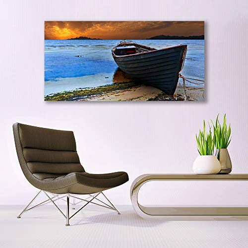 Toile imprimée 140x70cm avec paysage de plage et bateau pour décoration murale