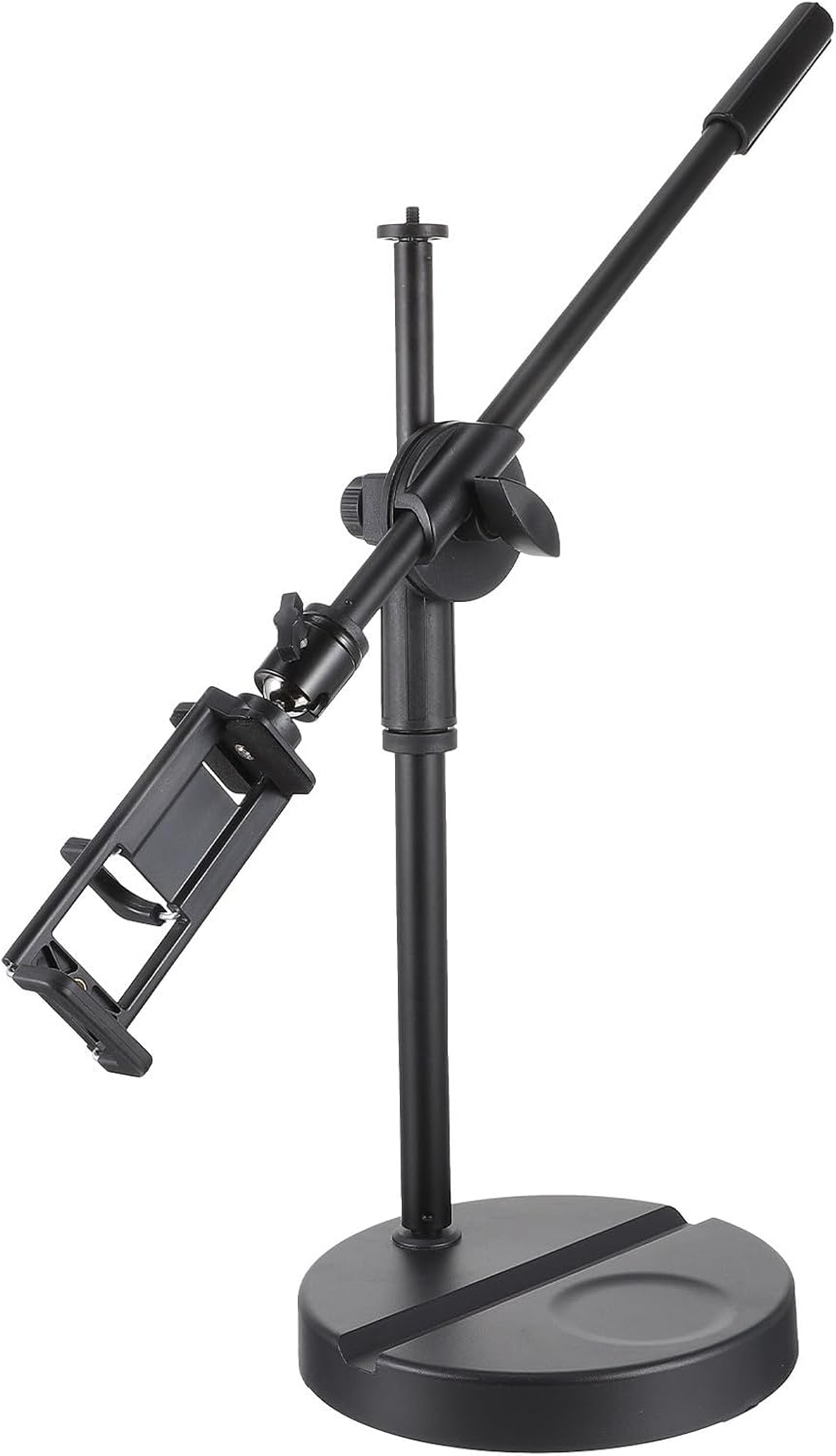 Adjustable Overhead Phone Stand with Cellphone Holder for Mobile Phone, 360 Degree Angle Rotation, Heavy Base, Stainless Steel and Abs Material, for Live Streaming and Photography
