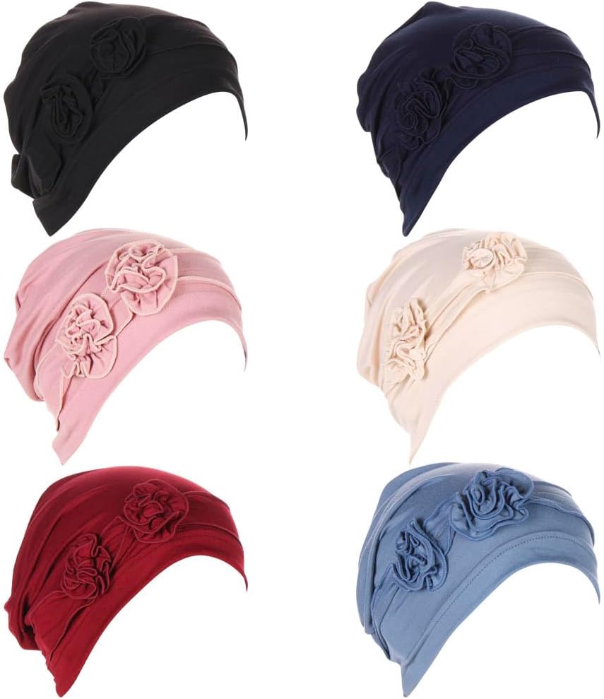 6 Pieces Women Turban Flower Caps Chemo Headwear Sleep Cap Vintage Soft Turbans Beanies Headwrap Hat