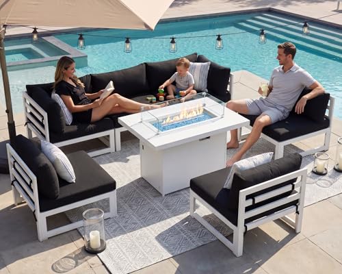 NICESOUL 7 Piece Luxury Aluminum Outdoor Sectional Sofa with Fire Pit Table, Oversized L Shaped Patio Furniture Set, 29" Deep Wide Seating, 500 lbs Heavy Duty Conversation Set for Backyard Deck, Black
