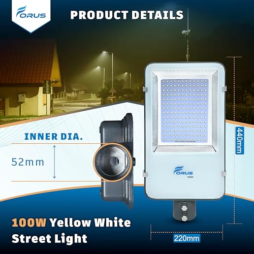 Image of Forus 100W LED Street Light Outdoor with 4 Year Warranty, IP66 Waterproof Decorative Focus Yellow Light for Road, Garden, Events, Security, Terrace, Landscape, Pathway, Building Lighting (1 PC)