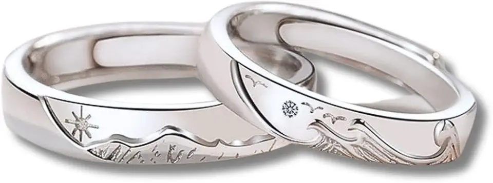 Par de Alianças Banhadas a Prata "Amor Duradouro" em Cobre Unissex Ajustáveis Mares e Montanhas – Acompanha Bolsa de Veludo