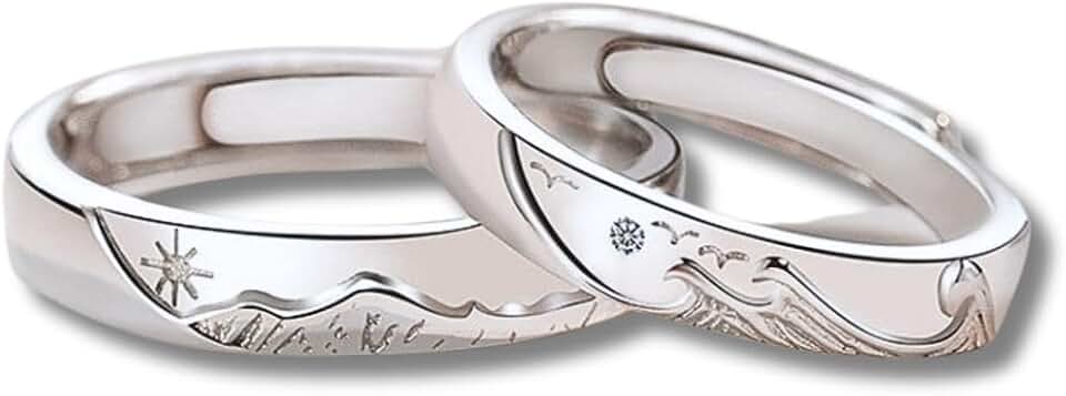 Par de Alianças Banhadas a Prata "Amor Duradouro" em Cobre Unissex Ajustáveis Mares e Montanhas – Acompanha Bolsa de Veludo