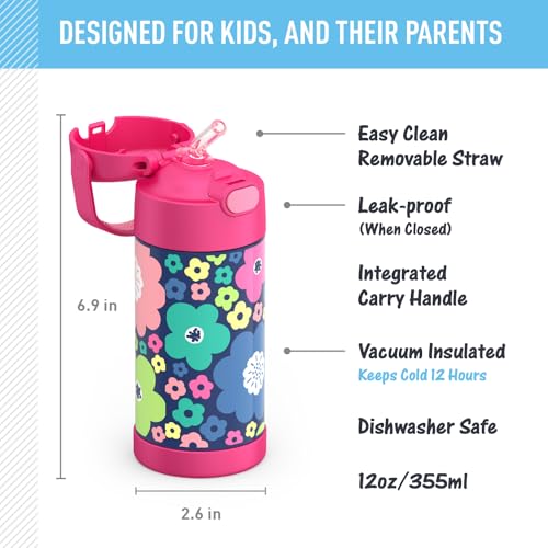 Image of THERMOS FUNTAINER Water Bottle with Straw, 12oz, Mod Flowers | Kids Stainless Steel Insulated Water Bottle, Keeps Drinks Cold Longer for School & Play, BPA-Free
