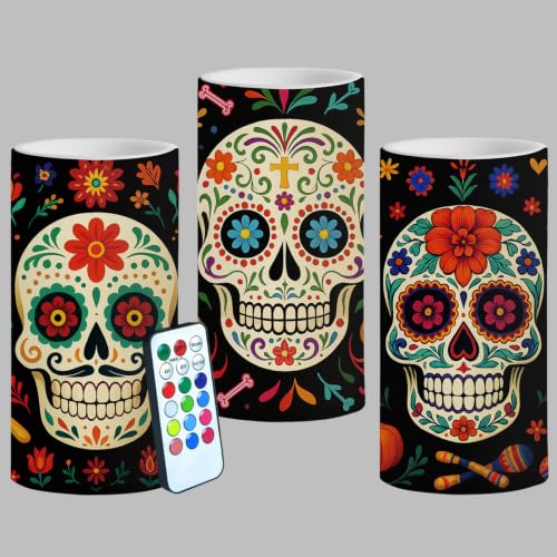 Image of Dia De Los Muertos Flameless Candles with Timer Remote 3 Pack | Halloween Flameless LED Candle Battery Operated Sugar Skull Day of The Dead Decoration