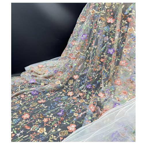 Singring Embroidered Lace Fabric Width 59 Colorful Floral Mesh Embroidery Fabric By The Yard Soft Mesh Lace Fabric for Sewing DIY Custom Clothes Party Dress Home Decoration (White 2 Yard)