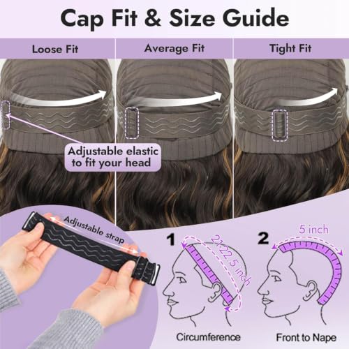 Image of Eawwii Dark Brown Highlights Wigs for Women,Short Wavy Synthetic Lace Wig