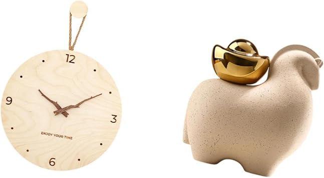 Fenteer Wall Clock Decorative Wall Clock Wooden Wall Hanging Clock Mini Animal Statue Quiet Ceramic Construction Suitable for Bedroom Living Room Office Kitch