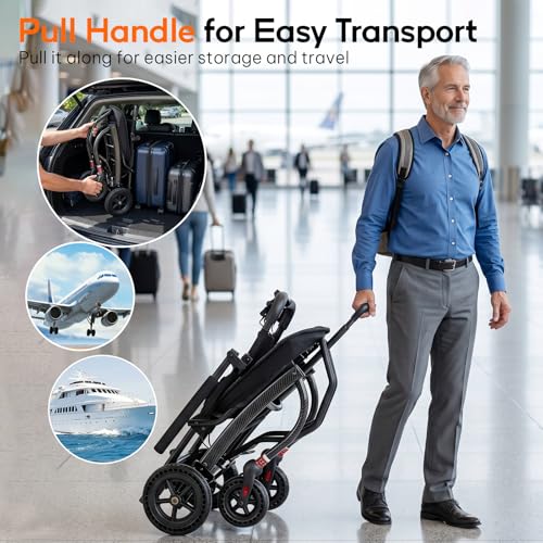 Image of SOFTFISH Transport Wheelchair with Ergonomic Seat & Pull Rod, 1s Foot-fold Wheelchairs for Adults with Foldable Armrest & Footrest, Carbon Fiber Aluminum Frame Travel Transport Chair for Seniors