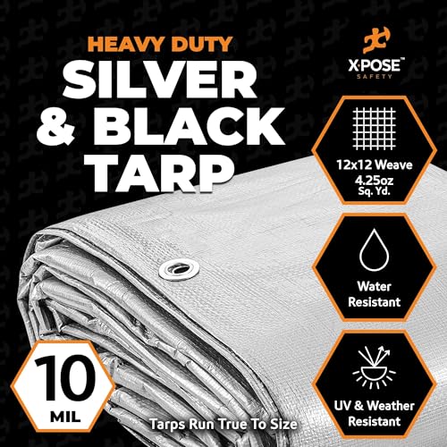 Image of Heavy Duty Poly Tarp - 30' x 50' - Full Pallet (36 Pack) (Cut Size) 10 Mil Thick Waterproof, UV Blocking Protective Cover - Reversible Silver and Black - Laminated Coating - Grommets - by Xpose Safety