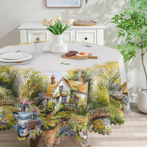Spring Round Tablecloth 70 inches - Trcuk Spring Decorations for Home - Washable Farmhouse Garden Landscape Spring Table Cloth Spring Decor for Home, Table, Party 60" (Round) Garnde Landscap