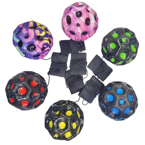 Image of Knick Knack Moon Ball Super High Bounce and Pop Sounds Easy to Grip and Catch, String Rubber Rebound Ball Wrist Band Toy for Kids & Adults (Random Color) (Pack of 1), Exercise & Fitness, Multi Color