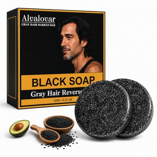 Alvalovar 2026 Upgraded Gray Hair Reverse Bar Black Soap Hair & Beard Darkening Shampoo Bar Scalp Cleansing & Moisturizing Solid Shampoo for Natural-Looking Darker Hair All Hair Types 2 Pcs