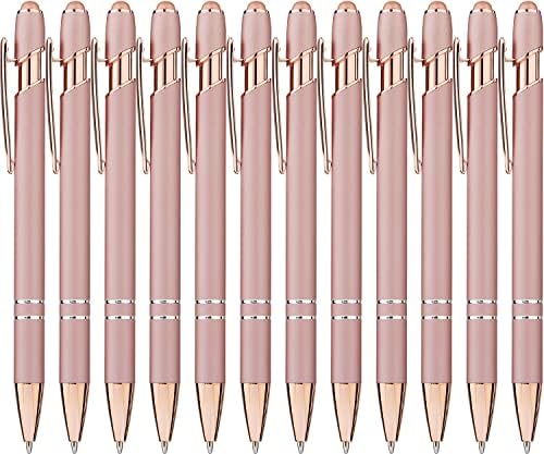 LINFANC 12 Pack Rose Gold Ballpoint Pen with Stylus Tip, 1.0 mm Black Ink Smooth Writing Pens, Metal Stylus Pens for Touch Screens