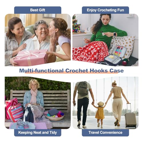Image of Katech Crochet Hooks Case - Portable Travel Storage Bag with Zipper, Web Pocket, and Holder Slots for Various Crochet Needles (Blue)