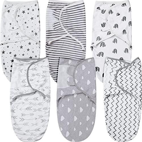 Image of Chumia 6 Pcs Baby Swaddle Blanket Adjustable Infant Sleep Wrap Gray Newborn Swaddle Elephant Stripe Star Cloud Baby Swaddle Wrap for Boys Girls Sleep, 0-3 Month