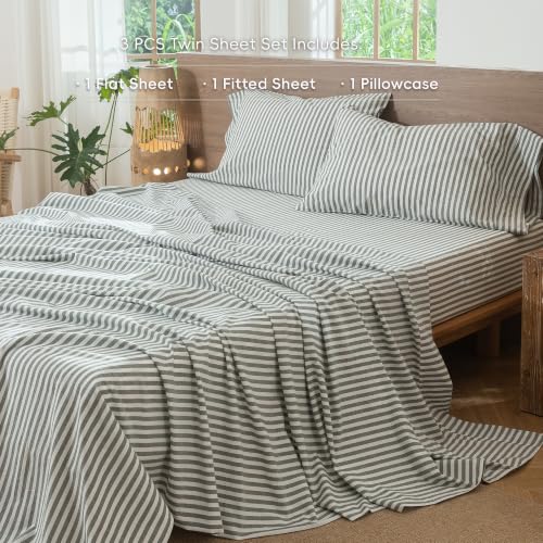 Image of MooMee Striped Sheet Set 100% Washed Cotton Linen Like Twin