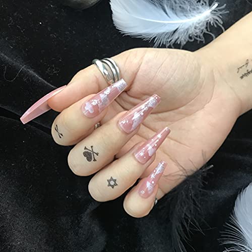 24Pcs Press on Nails Coffin Fake Nails Tips, ALPHONSE Long Ballerina False Nails with Glue, and 5 Sheet Waterproof Temporary Tattoo stickers for Women