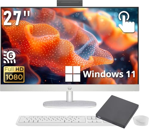 Image of HP 27 inch FHD Touchscreen All-in-One Desktop, Intel 12 Core Ultra 7 255U, 64GB RAM 1TB SSD, 9H DVD & Wireless Keyboard & Mouse, Bluetooth, HDMI, Wi-Fi 6, Windows 11 Home, White