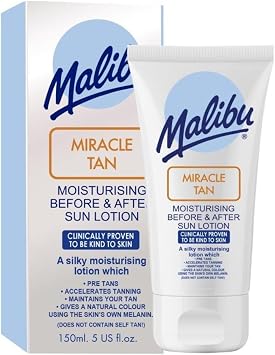 Malibu Miracle Tan Lotion Before and After Sun Moisturising Lotion with Aloe Vera, Vitamin E and Citrus Flavonoids, Hydrating Tan Enhancing Skin Care, 150ml | Aloe Vera, Vitamin E, Citrus Flavonoids, Hydrating & Vitamin Enriched, Tan Enhancing Formula