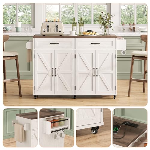 Mobile Kitchen Island, Kitchen Island Cart with 2 Drawers and Charging Station, Island Table for Kitchen, Home Bar Carts with Storage, Kitchen Rolling Island with Spice Rack and Towel Rack,White