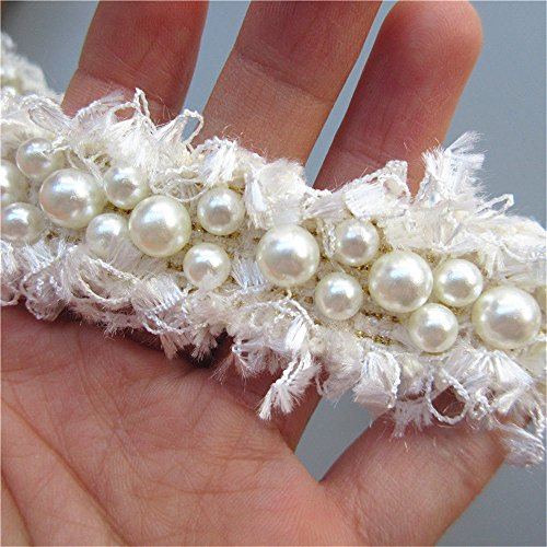 1 Meter Nylon Pearl Lace Ribbon Frayed Edge 3 Cm Width Vintage Style Trimmings Fabric Embroidered Applique Sewing Craft Wedding Bridal Dress Embellishment Party Clothes Hat Decoration (White) #TOP2