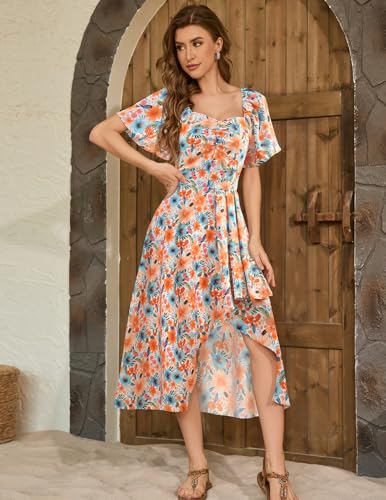 Image of Bridesmay Women's Floral Midi Dress Short Sleeve Summer Casual Dress Flowy Beach Wedding Guest Square Neck Sundress