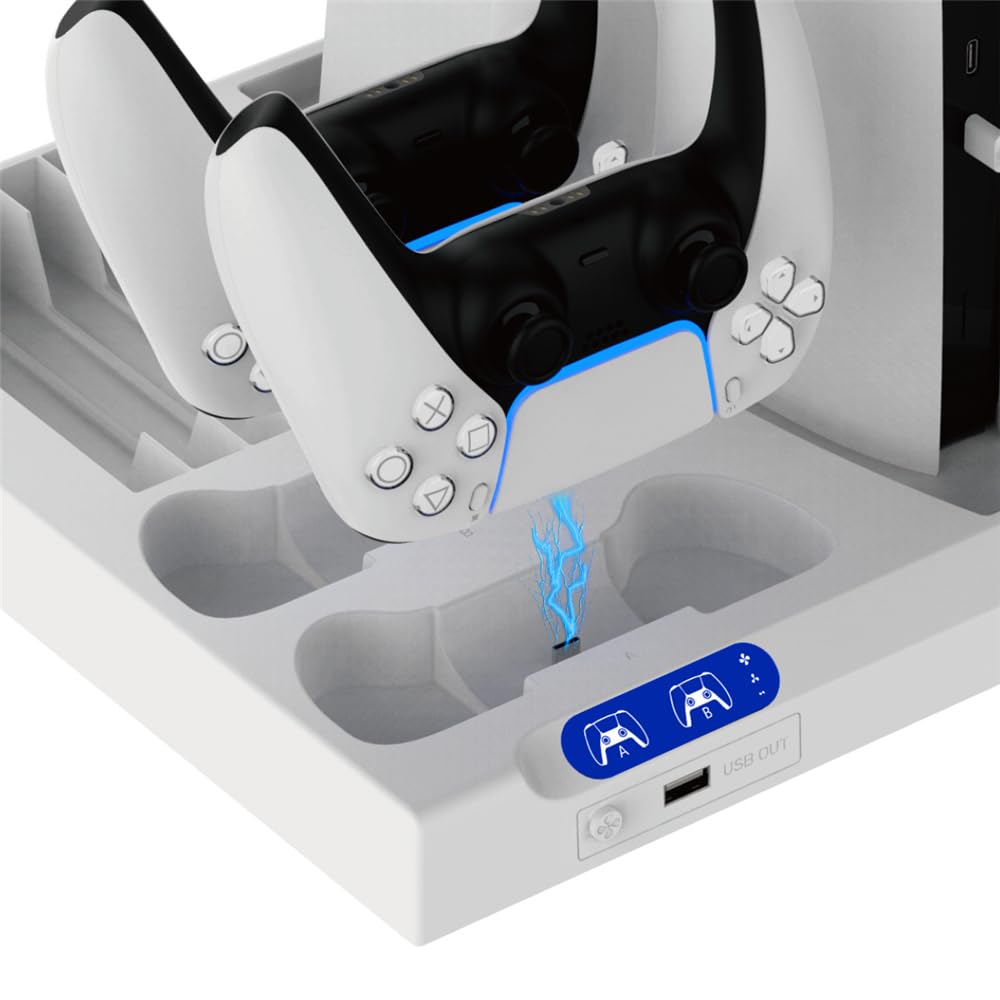 Supporto di raffreddamento con dock di ricarica a doppio controller per PS5 Host Base multifunzionale per la dissipazione del calore con rack per la conservazione dei dischi