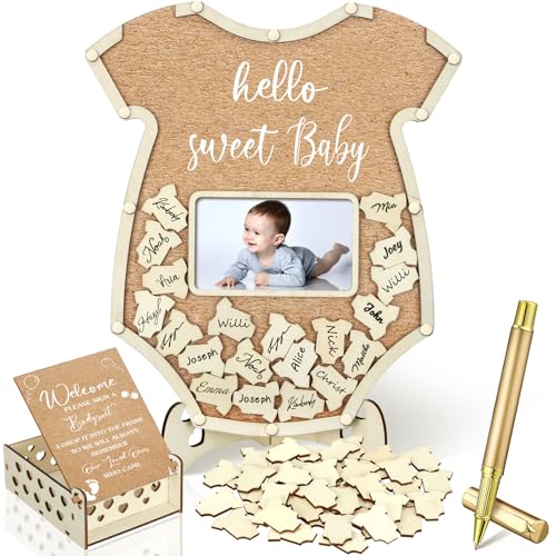 Image of Wenqik 63 Pcs Bodysuit Baby Shower Guest Book Alternatives Set Baby Shower Decorations with Photo Frame Sonogram Frame Keepsake 60 Wood Slices Guest Book for Birthday